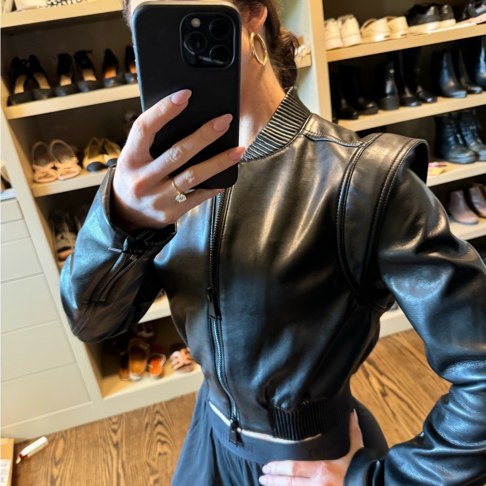 Simkhai black faux leather cropped zip up jacket size XS